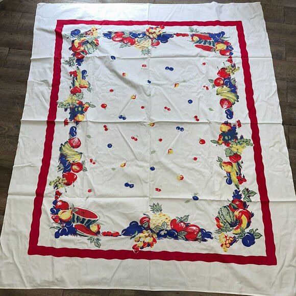 Vtg 40s 50s Wilendur Tablecloth Red Blue Fruit Pineapple Watermelon Cherries